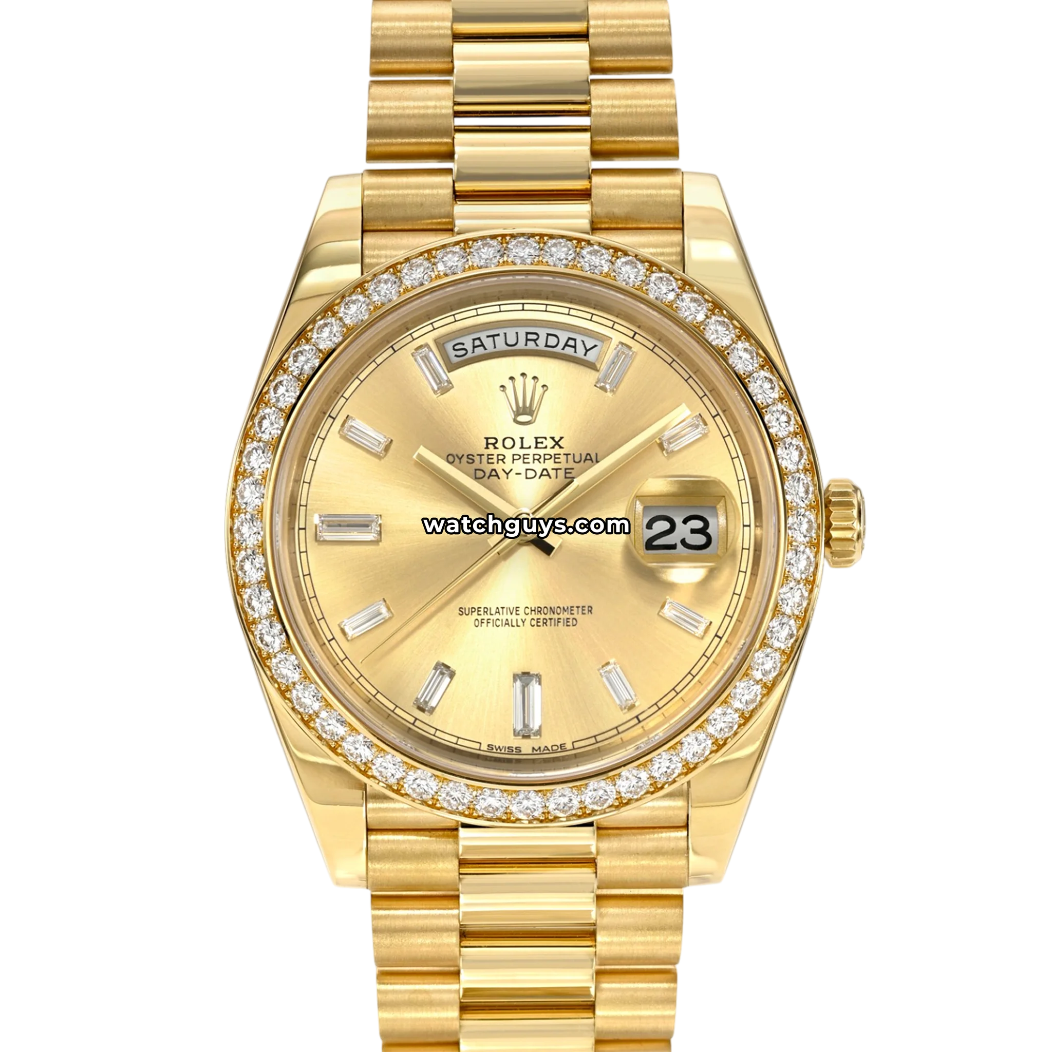 Rolex Day-Date 40 reference 228348RBR in yellow gold with diamond bezel and champagne diamond dial product photo from WatchGuys