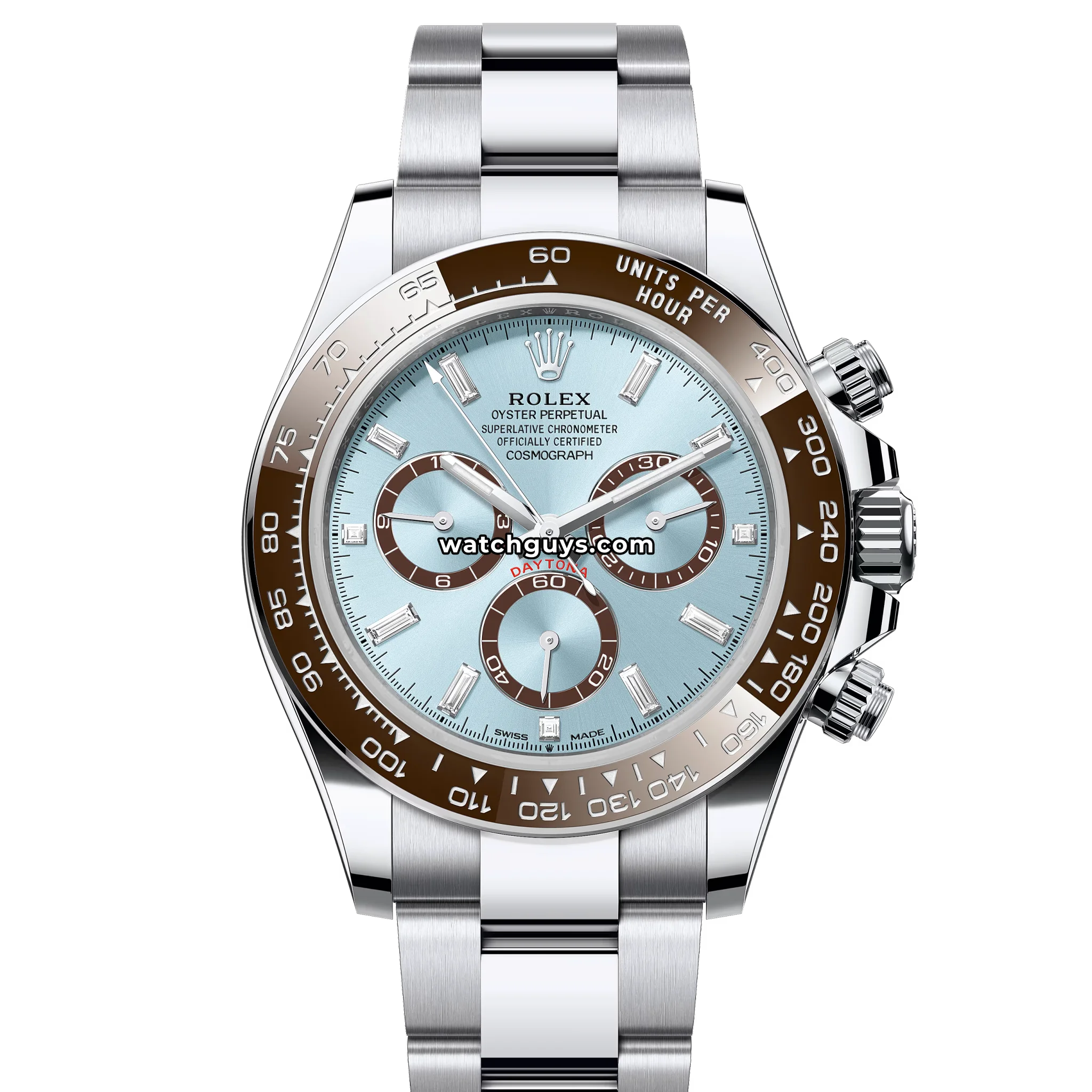 Rolex Cosmograph Daytona reference 116506 in platinum with ice blue dial and brown ceramic bezel product photo from WatchGuys